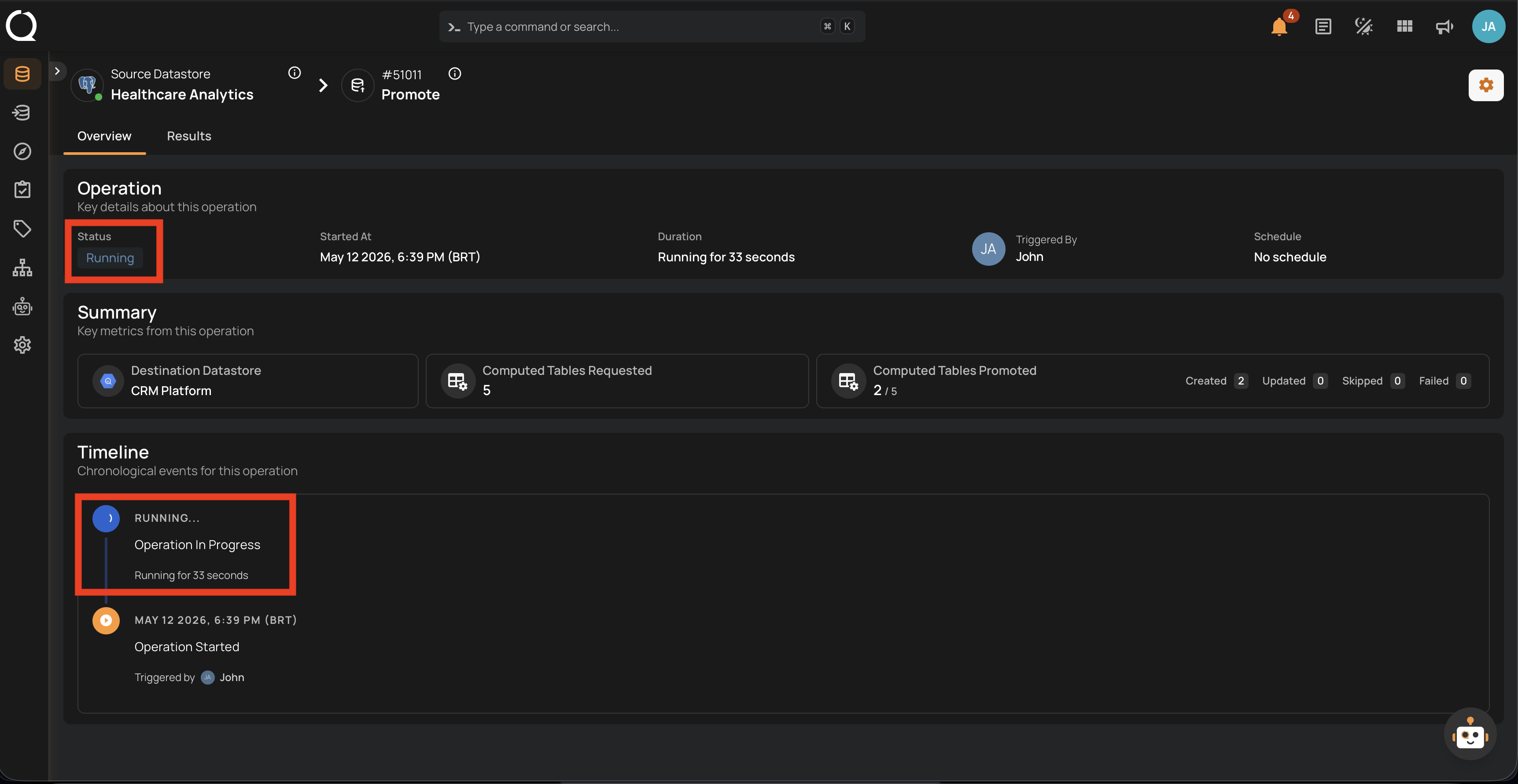 Overview tab of an in-progress promote operation