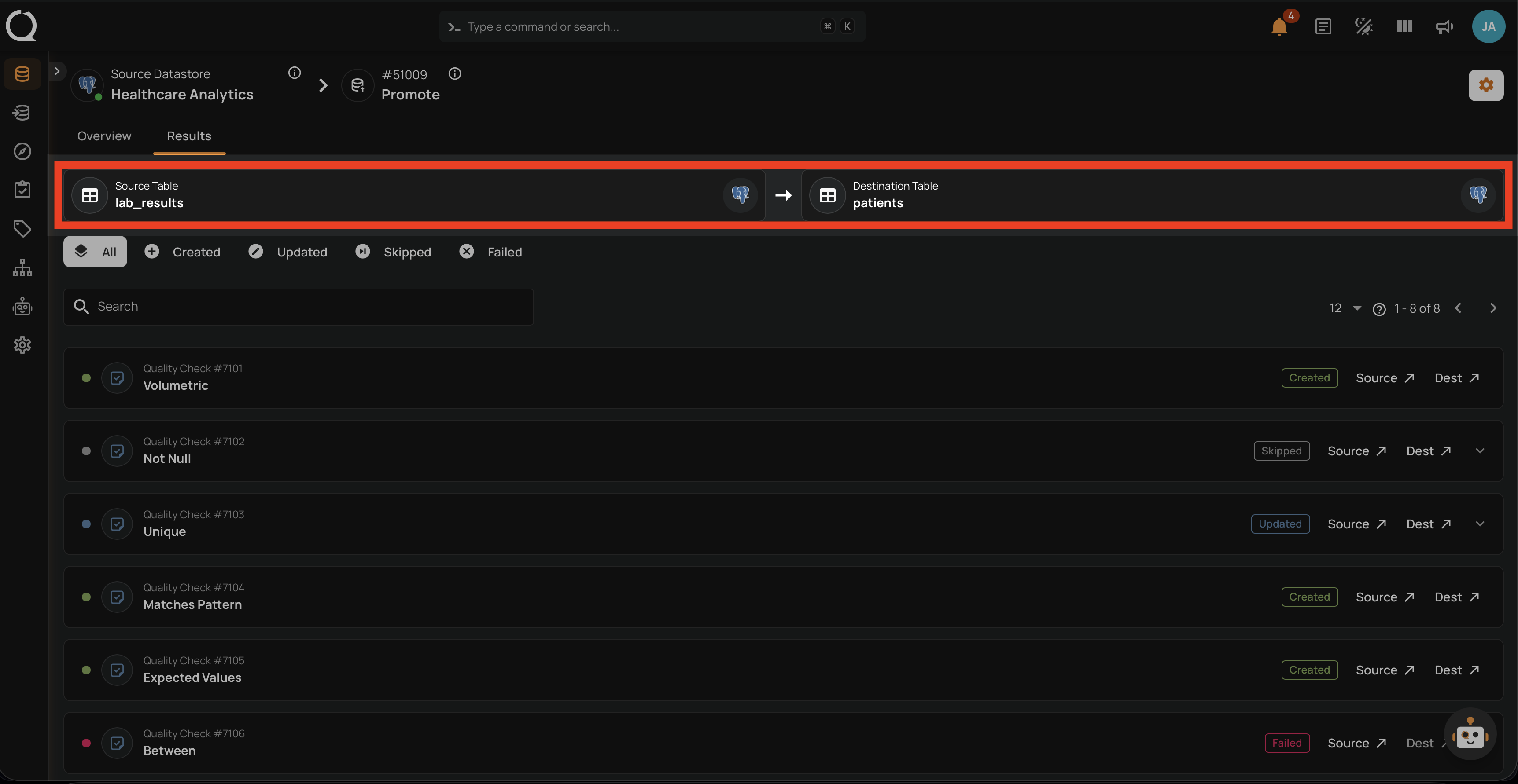 Source table and destination table bar on the Results page