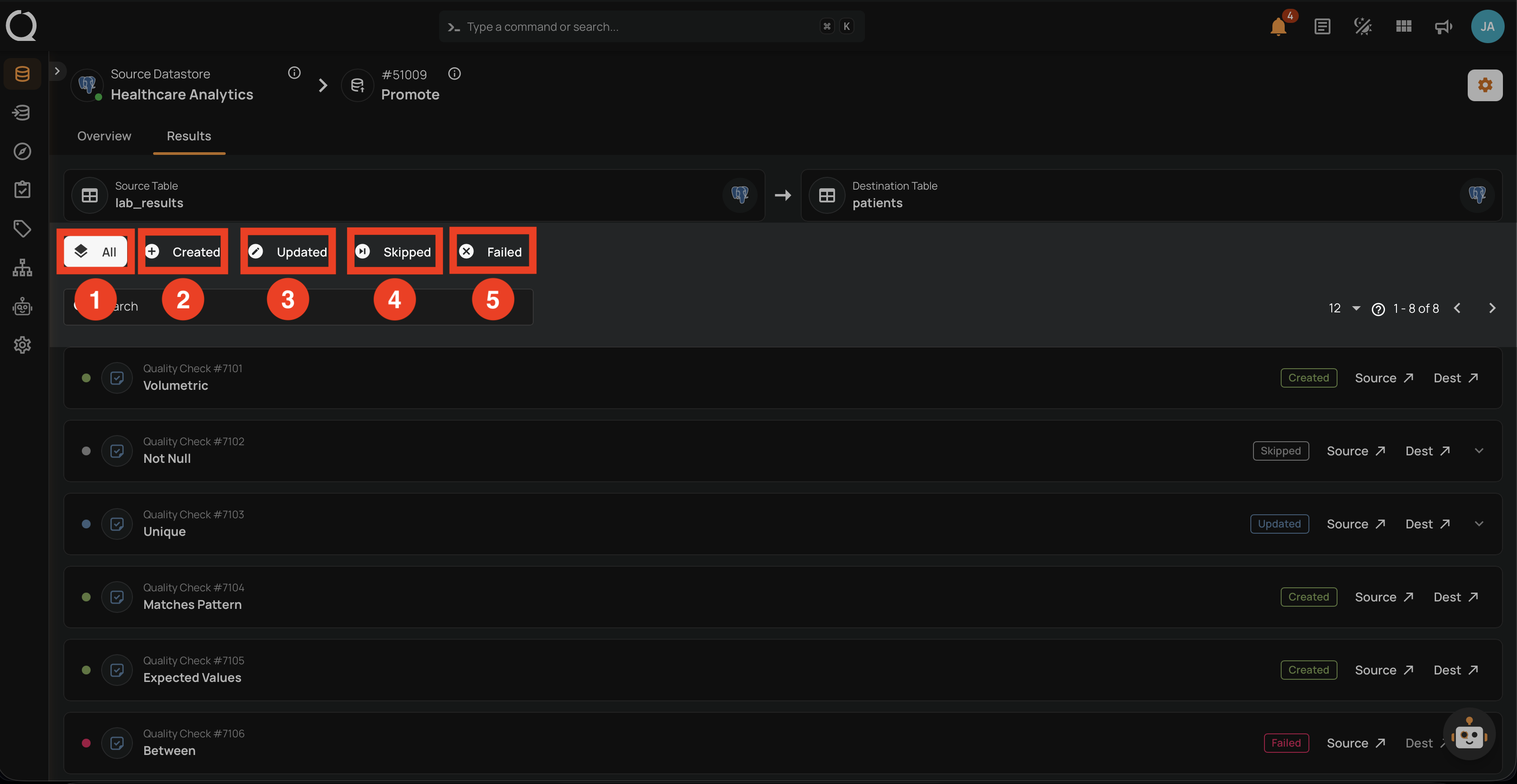 Status filter tabs above the entity list