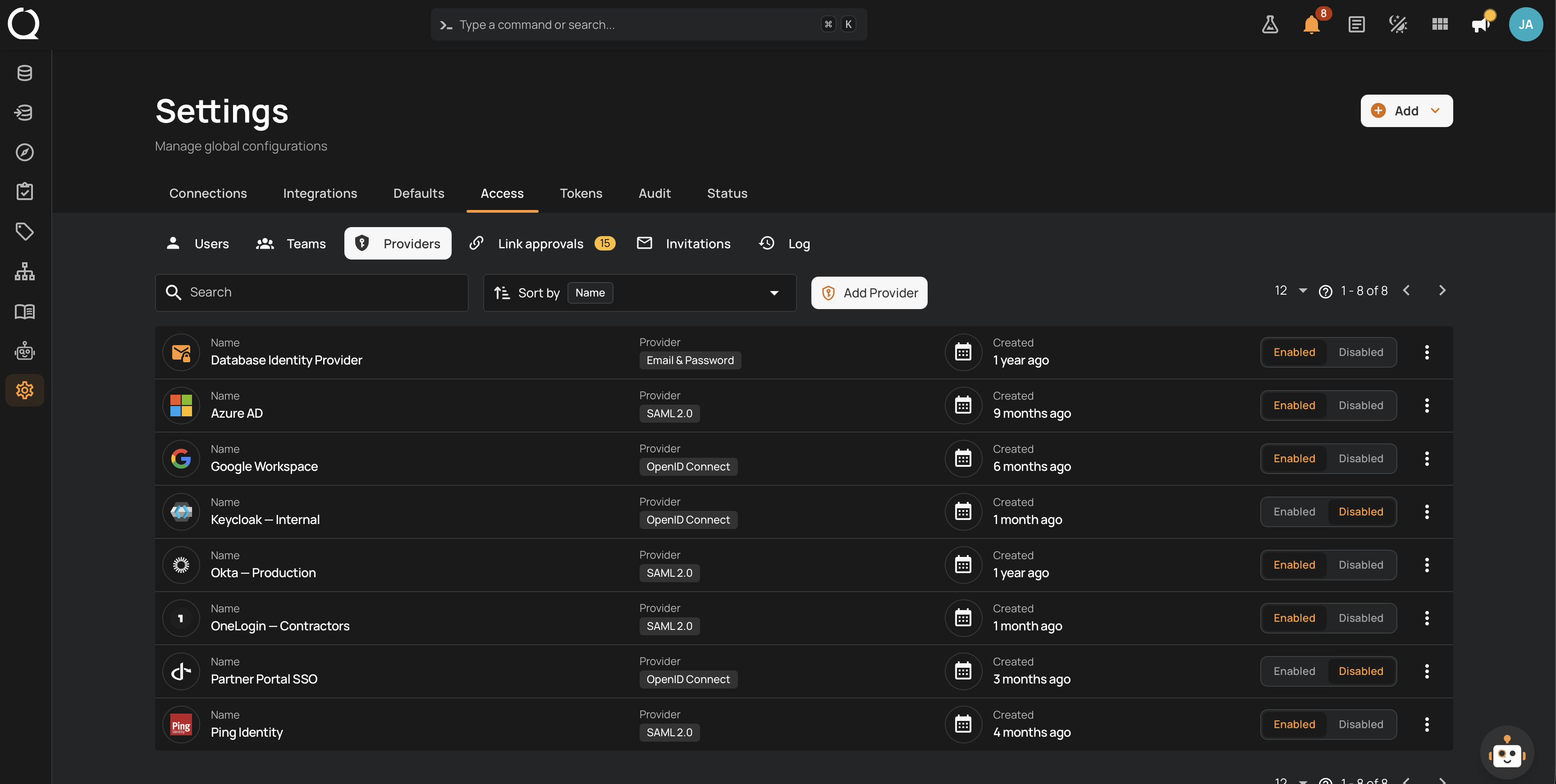 Providers tab on the Access settings page