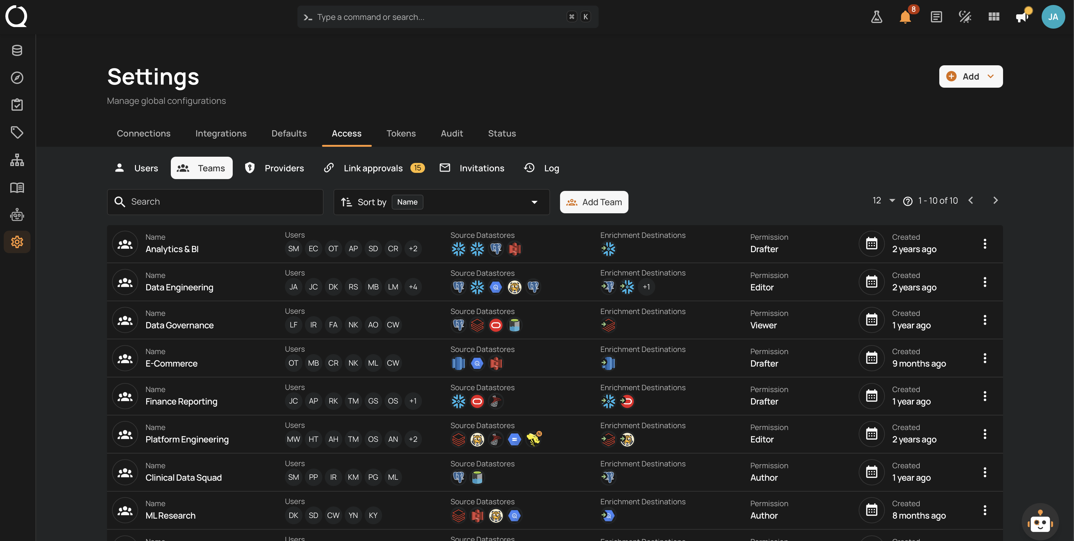 Teams tab on the Access settings page