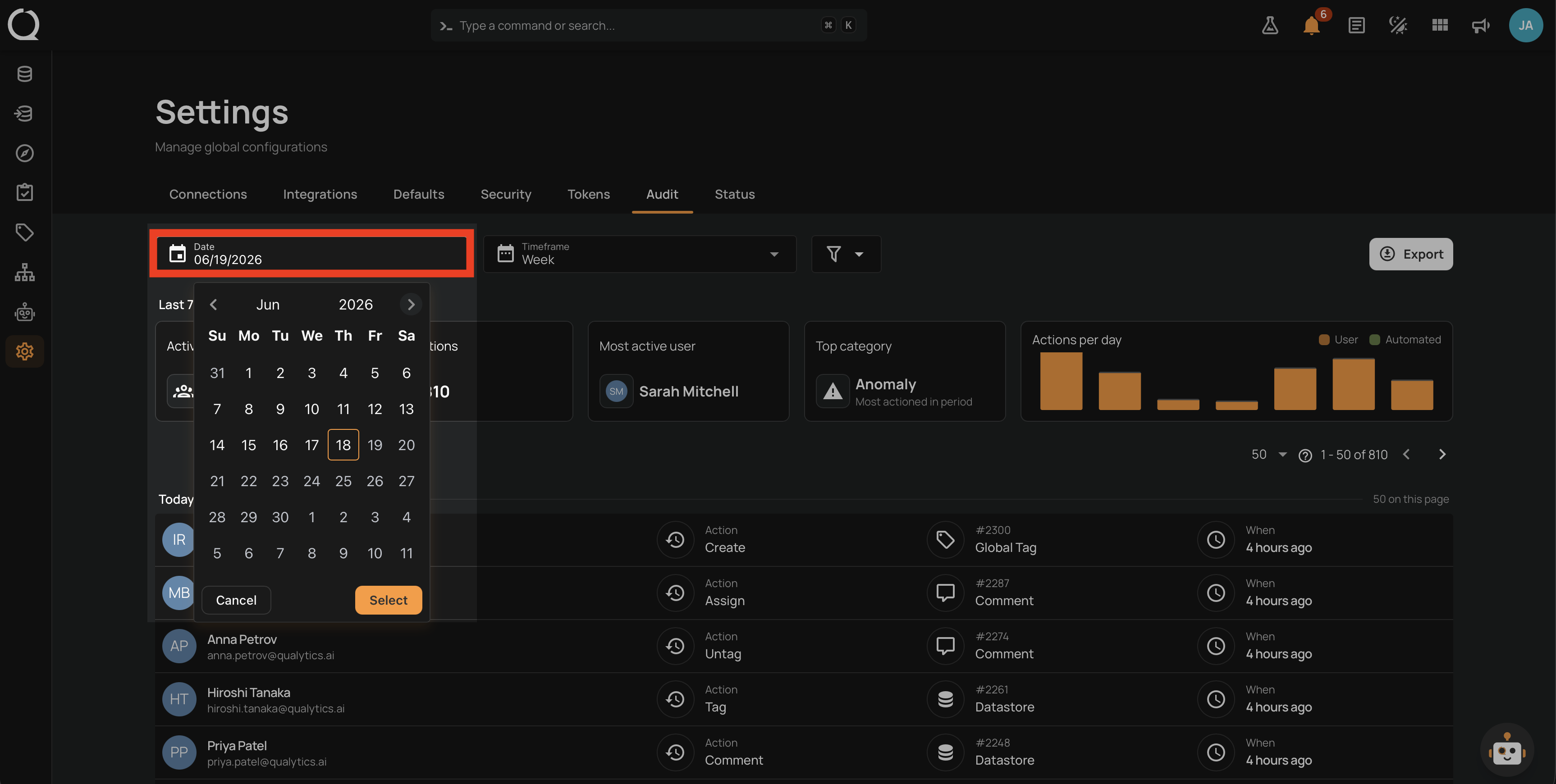 Audit filter bar with the Date field highlighted and the date picker open