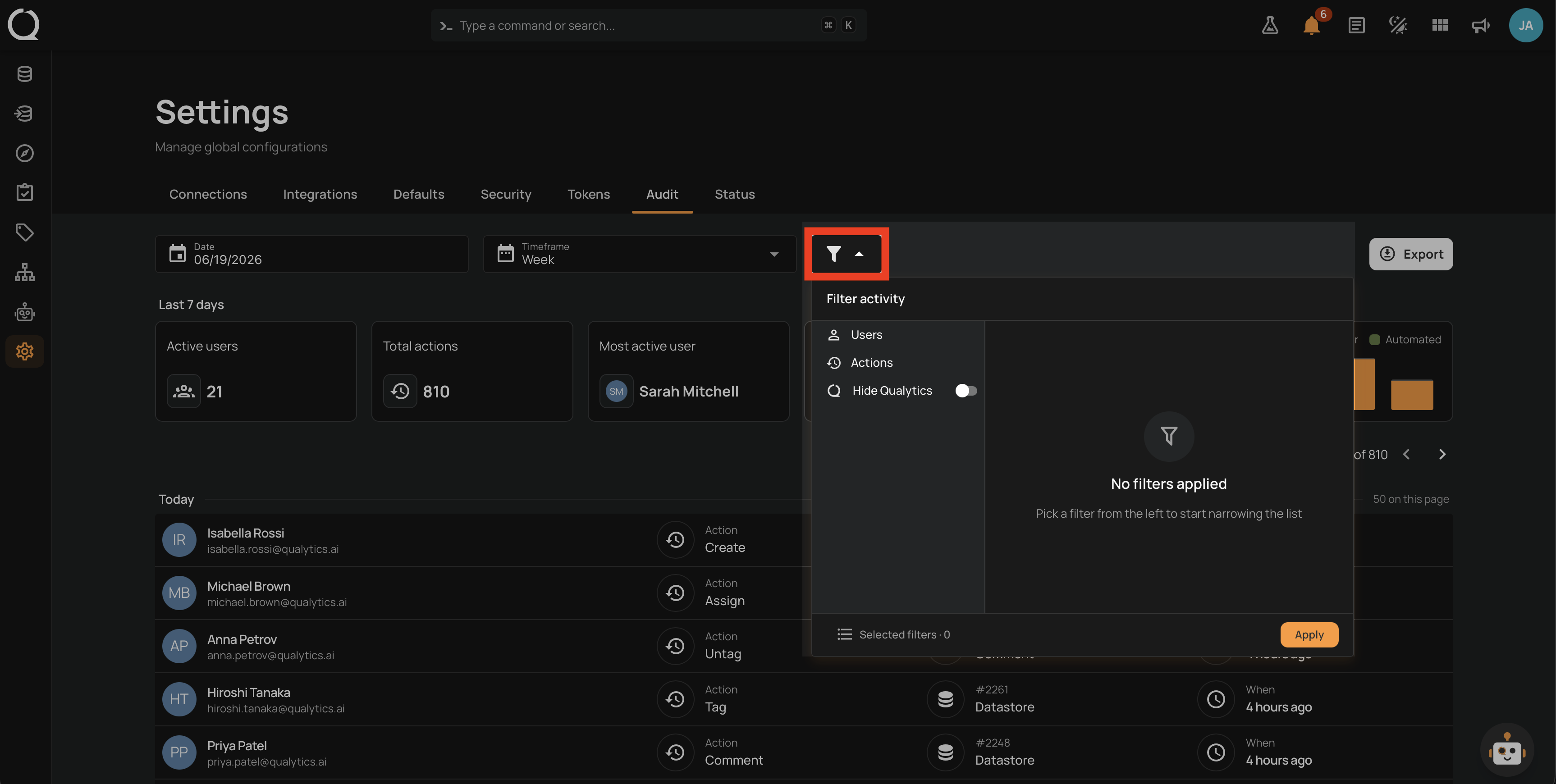 Filter activity menu open with Users, Actions, and Hide Qualytics options