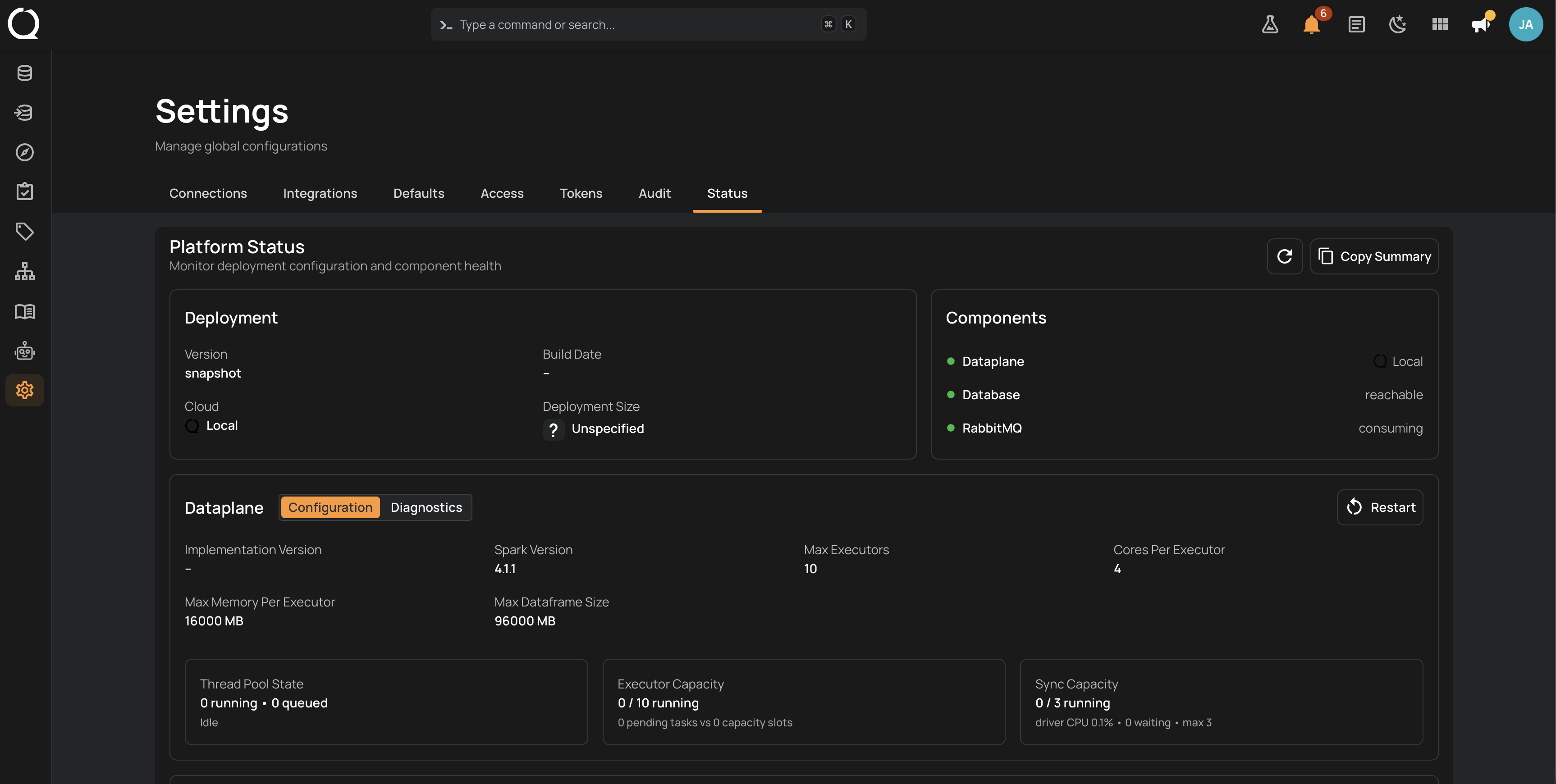 Platform Status page showing the Deployment, Components, and Dataplane cards