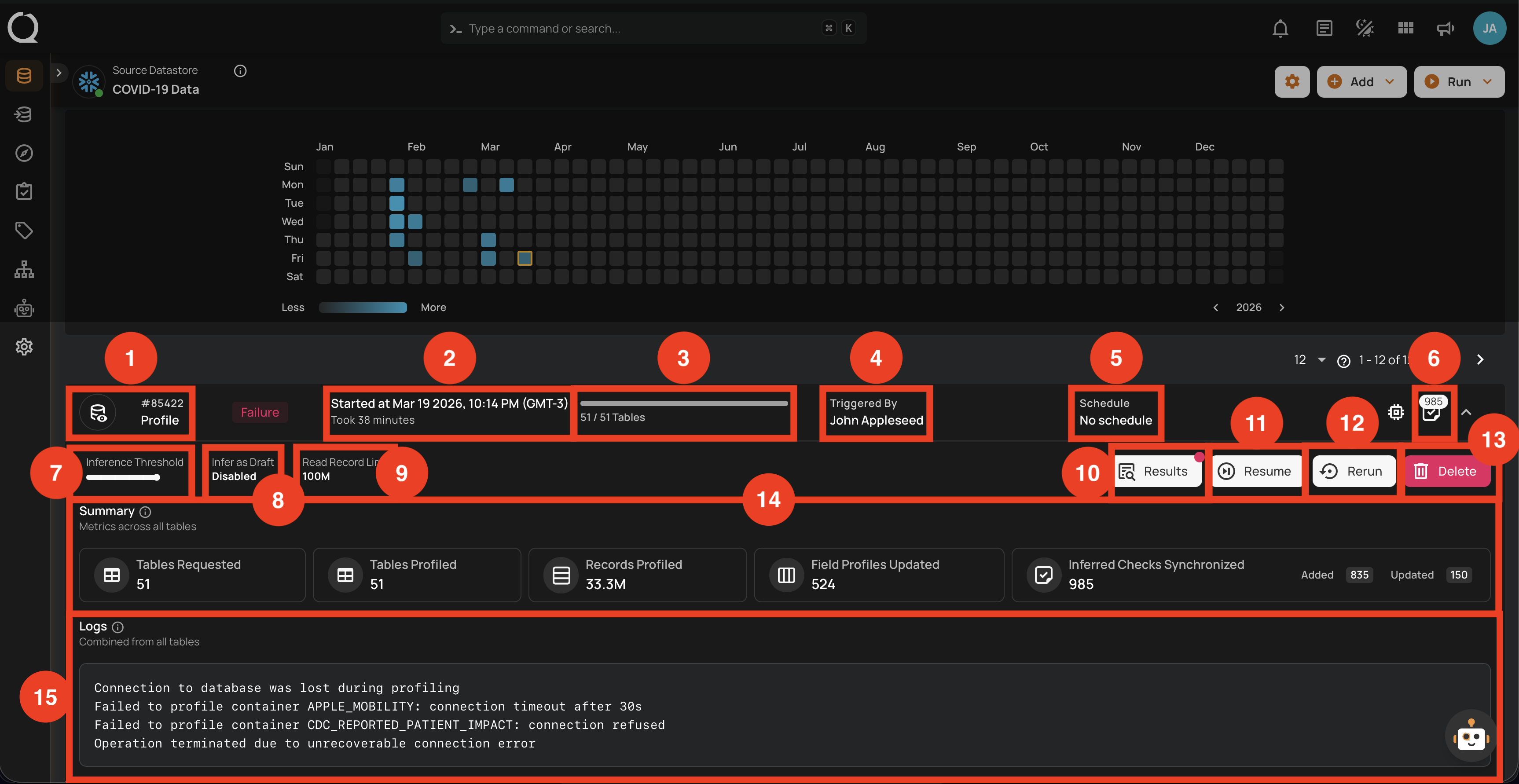 Profile operation with failure status showing error logs and recovery options