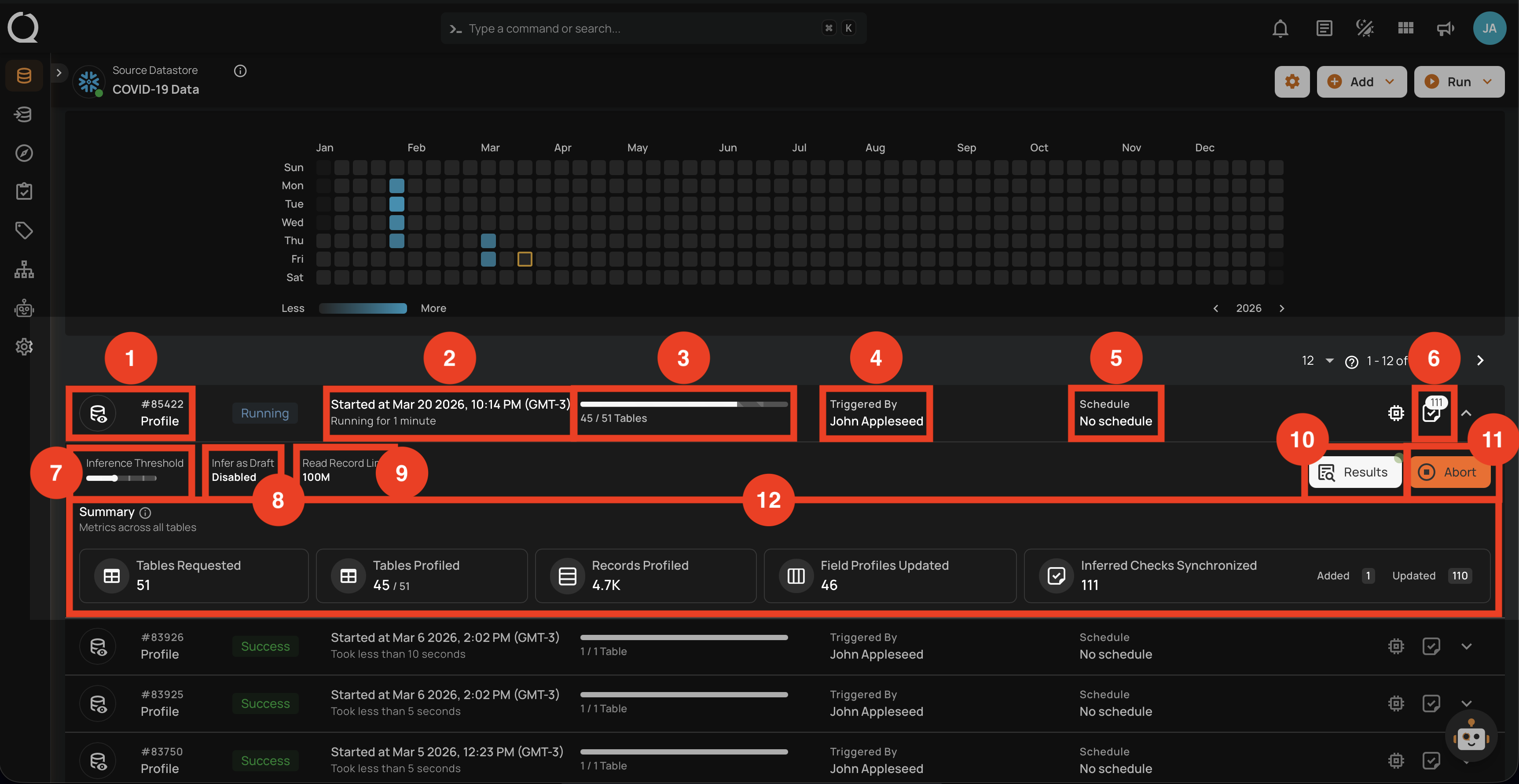 Profile operation with running status showing progress and details