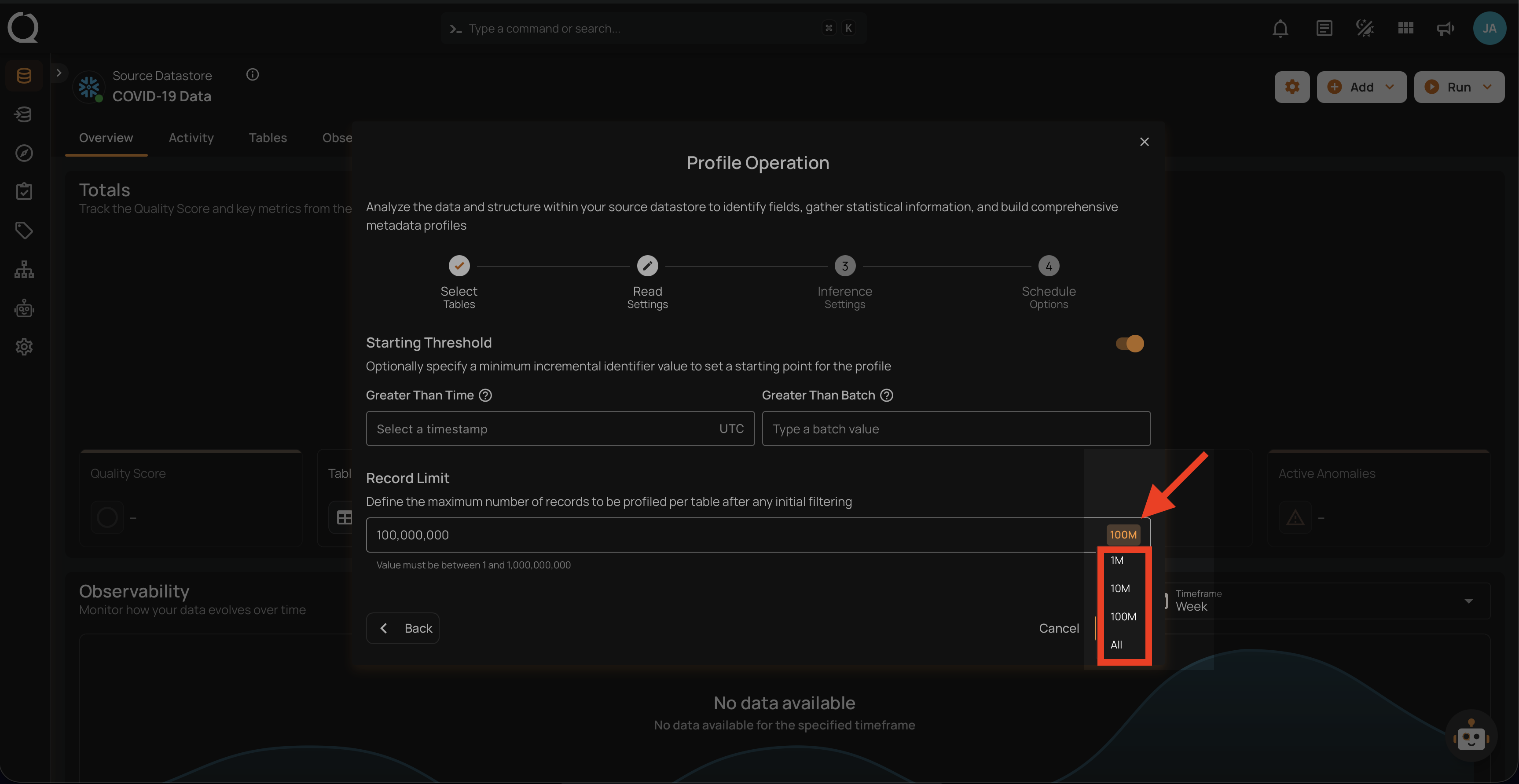 Record limit dropdown with preset values