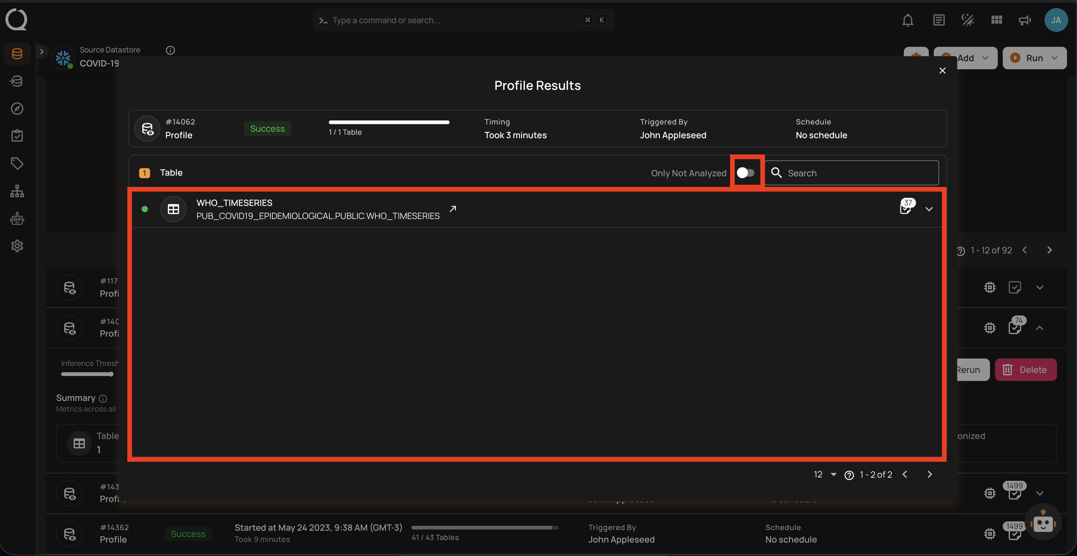 Profile results modal with list of profiled and non-profiled containers