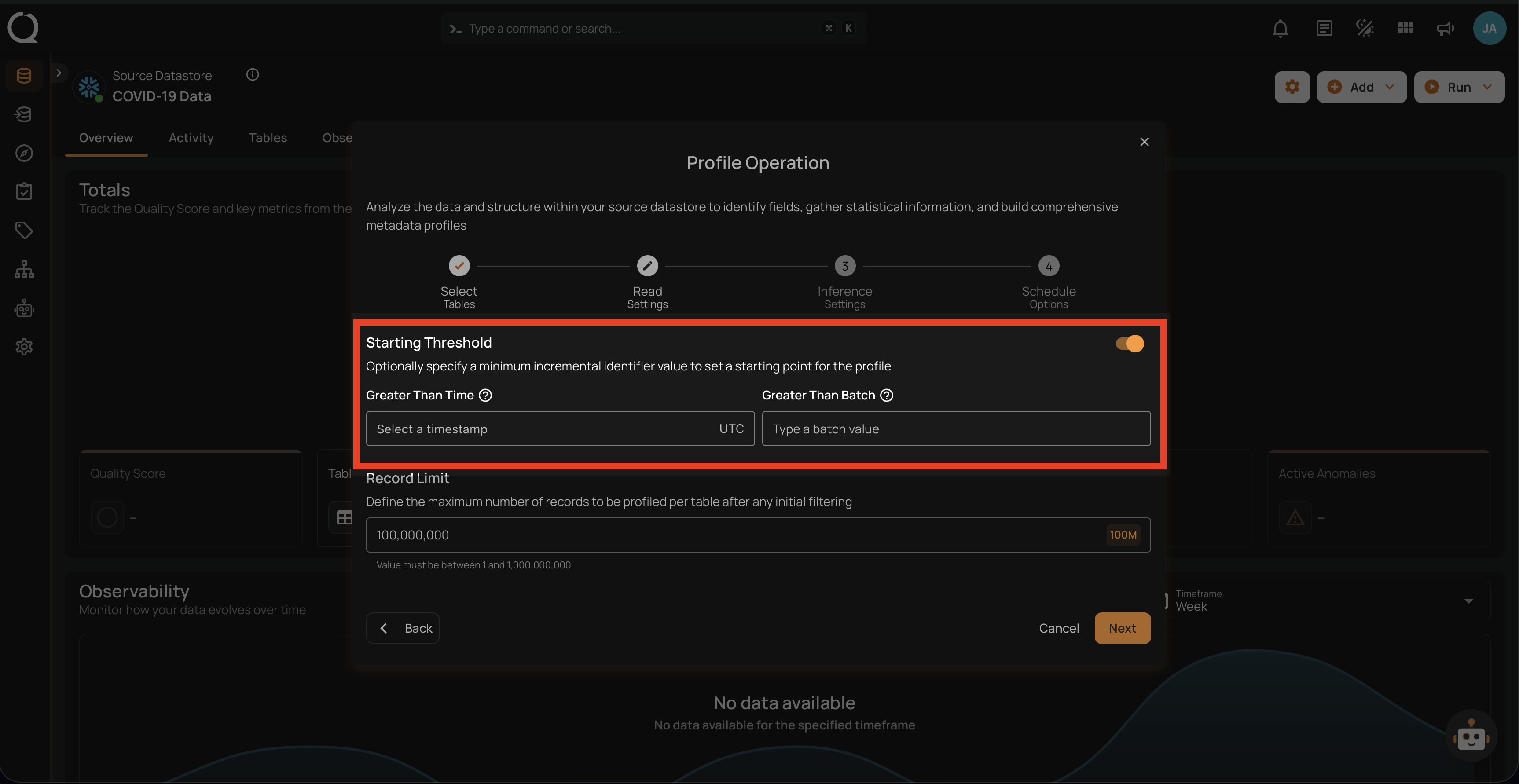 Starting threshold configuration with greater than time and batch options