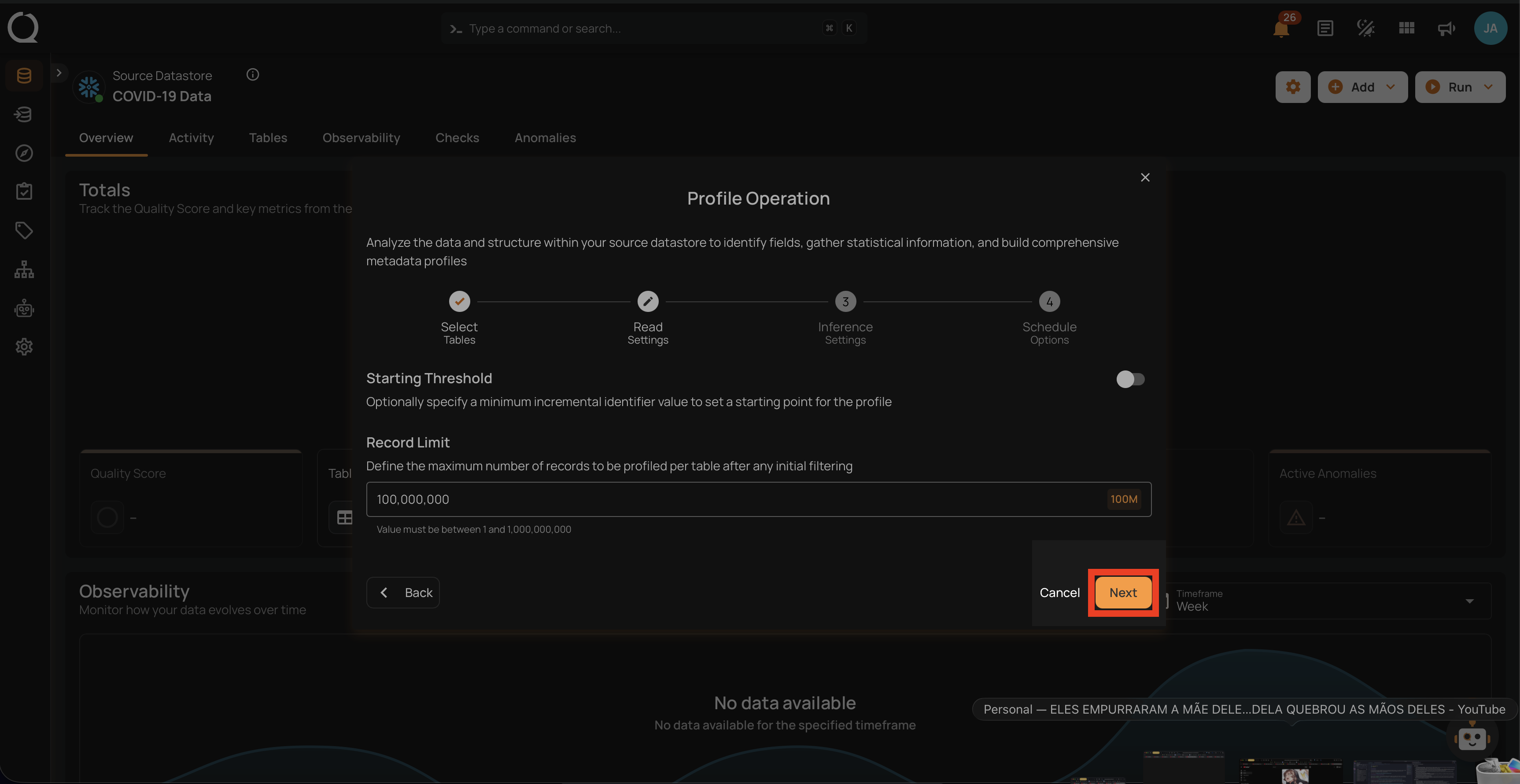 Next button to configure inference settings