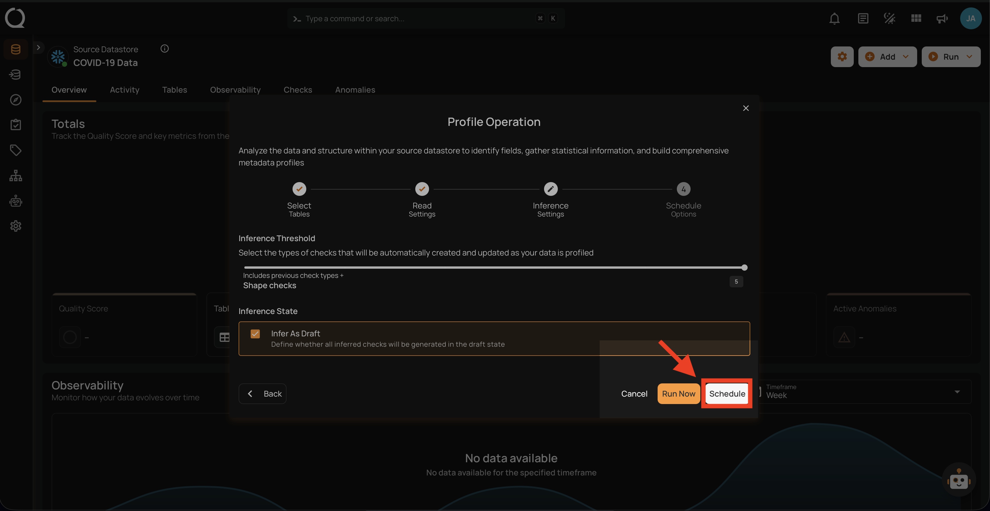 Schedule button to configure profile operation scheduling