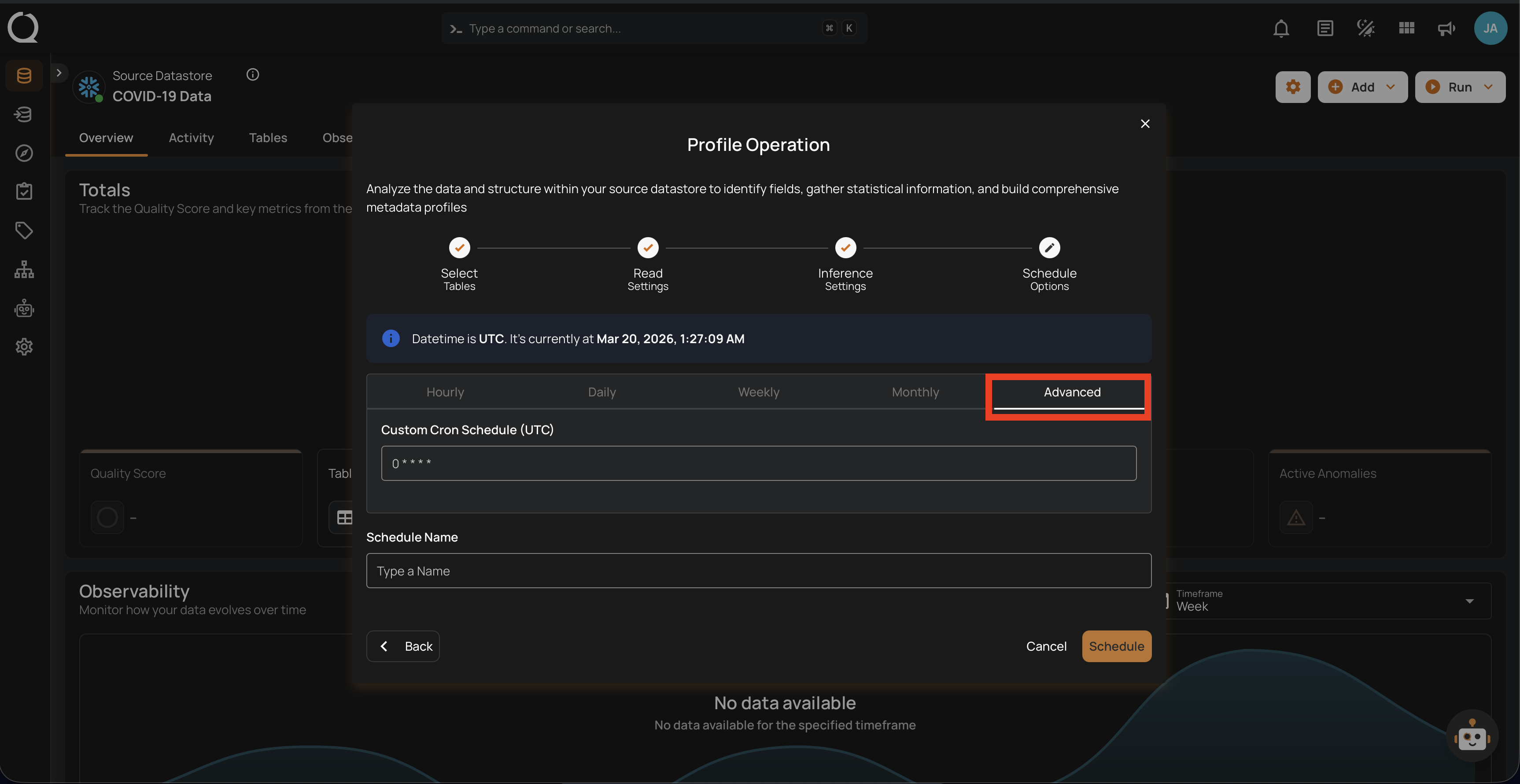Advanced schedule configuration with cron expression