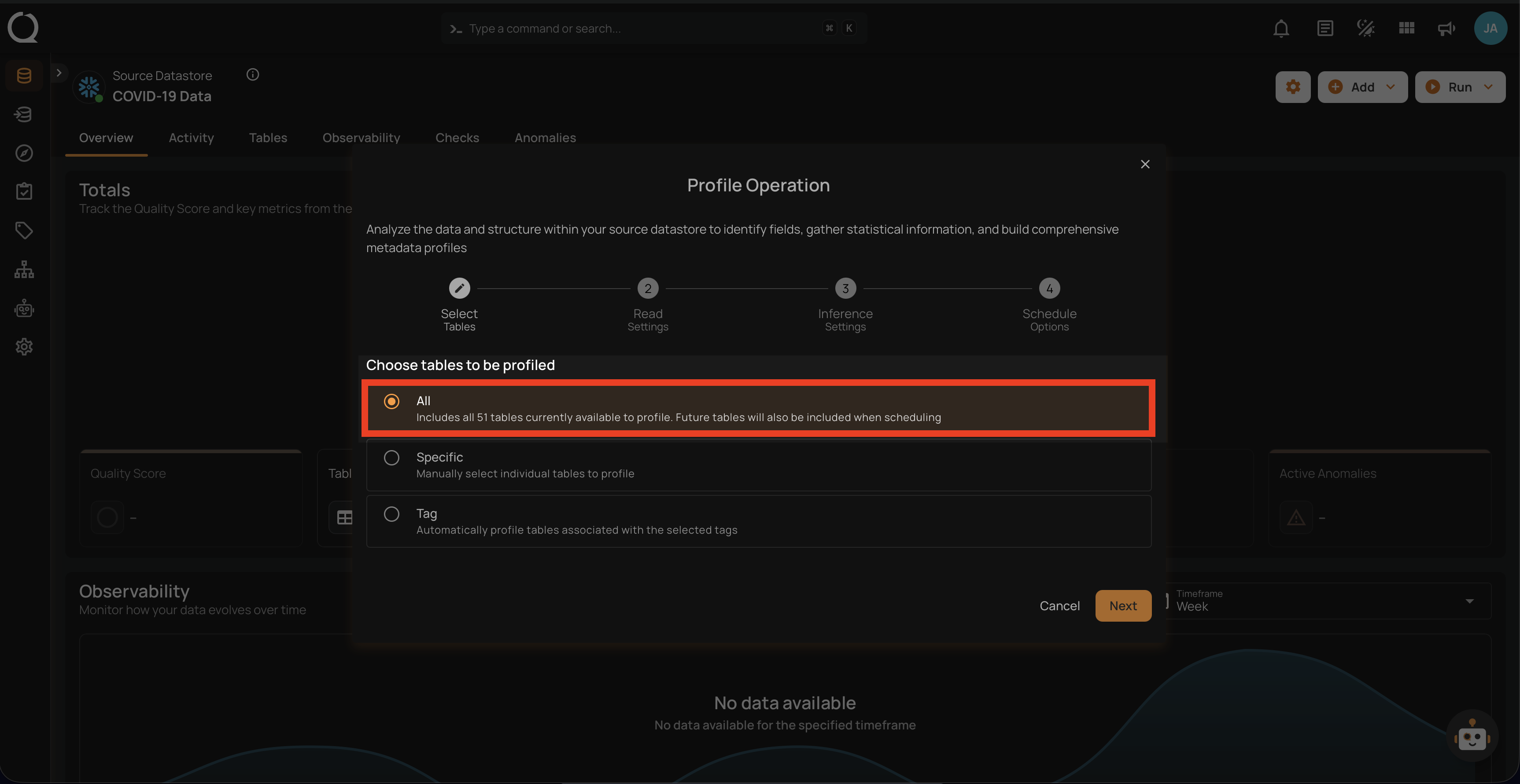 Select all tables or file patterns for profiling