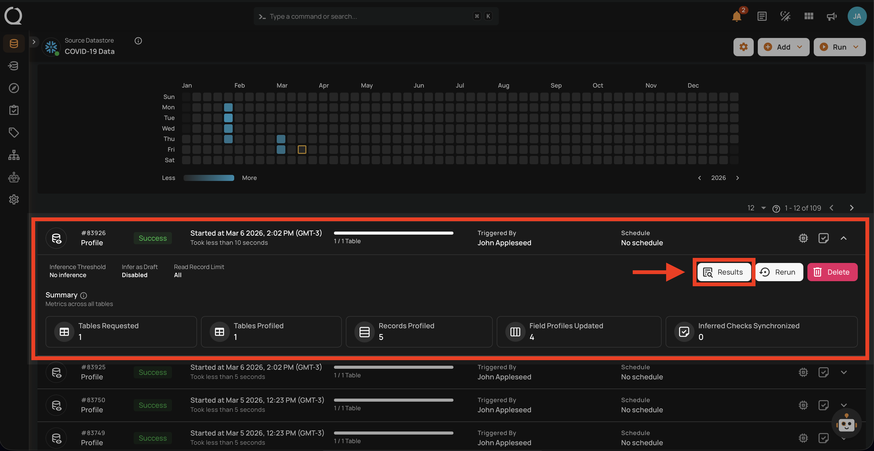 Results button on a successful profile operation