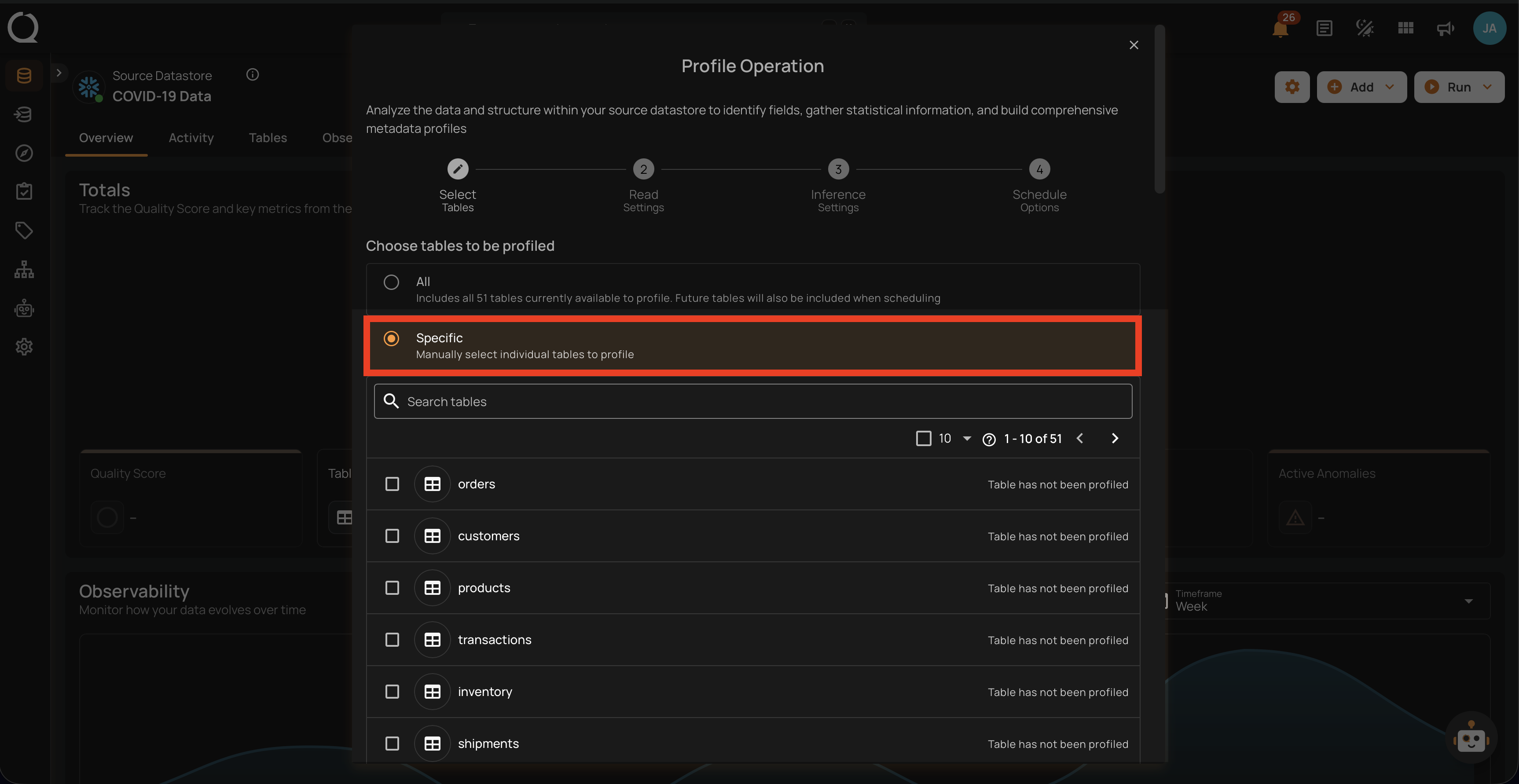 Select specific tables for profiling